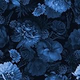 FunStick Vintage Dark Blue Floral Wallpaper Peel and Stick Wallpaper Black Marigold Flower Self Adhesive Wall Paper for Bedroom Bathroom Removable Blue Contact Paper for Walls Cabinets Desk 17.5