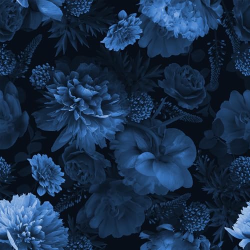 FunStick Vintage Dark Blue Floral Wallpaper Peel and Stick Wallpaper Black Marigold Flower Self Adhesive Wall Paper for Bedroom Bathroom Removable Blue Contact Paper for Walls Cabinets Desk 17.5