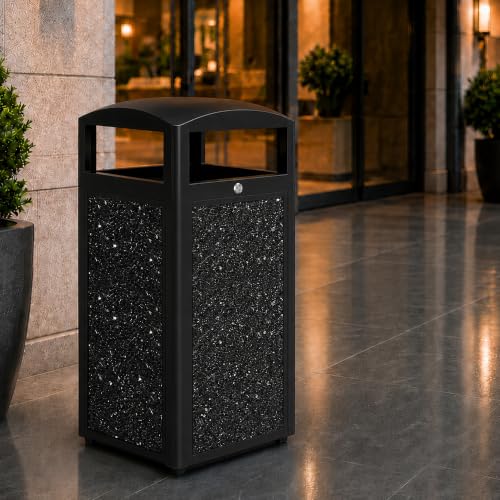 Image of Commercial Outdoor Trash Can with Lockable Lid | Heavy Duty, 15 Gallon, Removable Inner Liner, Stone Composite Panels, Black