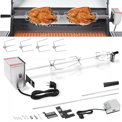 Yakimz Grillspieß Set Drehspieß mit 4X Fleischnadeln 117cm Grillspieß mit Edelstahl Motor 220V - 240V Universal Rotisserie Traglast 10 kg