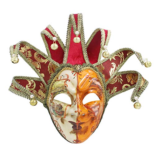 Hophen Halloween Grimace Full Face Venetian Jester Joker Mask Masquerade Hand Painted Wall Decorative Art Collection (Red)