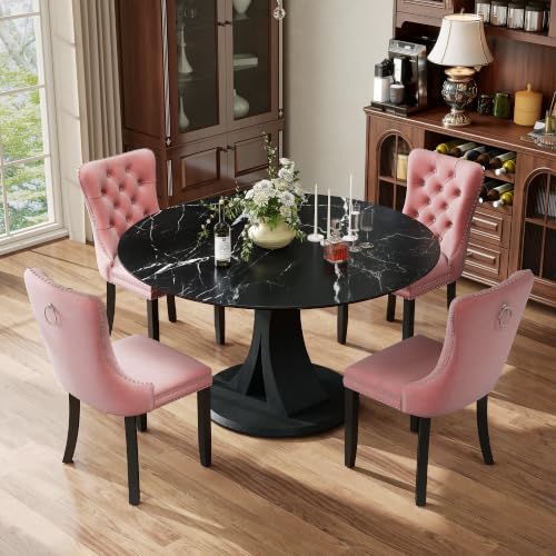 Image of 5-Piece Dining Table Set for 4 with 47 In Black Faux Marble Round Table | Circle Dining Room Table with 4 Velvet Upholstered Chairs, Modern Scandinavian Furniture for Dining Room Kitchen (Pink)