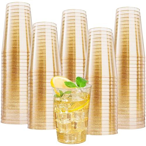 mauepersu 50 Stück Plastikbecher mit Glitzer Gold, 350ml Becher aus Kunststoff Wiederverwendbare Trinkbecher Elegante Party Weingläser für Champagner Bier Cocktail Martini Soda Dessert
