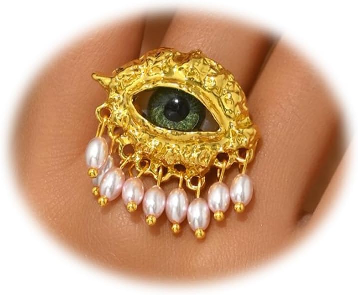 Devil's Eye Ring for Woman 18K Gold-Plated or Silver Pearl Tassel Ring 3D Evil Eye Charm Finger Rings Large Chunky Adjustable Open Rings Charming Personalized Jewelry Accessory Gifts