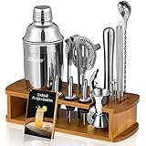 KITESSENSU Cocktail Shaker Set Bartender Kit with Stand | Bar Set Drink Mixer Set with All Essential Accessory Tools: Martini Shaker, Jigger, Strainer, Mixer Spoon, Muddler, Liquor Pourers |Silver