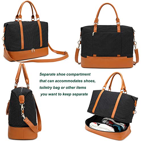 Womens Travel Weekend Bag Canvas Overnight Carry on Shoulder Duffel Beach Tote Bag (Black polka dot with shoe compartment)
