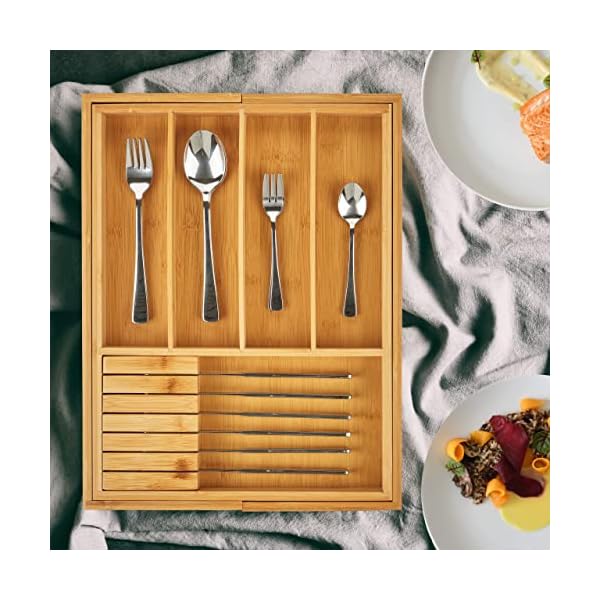 Relaxdays Besteckkasten Bambus, ausziehbar, 2 Messerblöcke, Schubladeneinsatz mit 5-7 Fächern, HBT 5 x 56 x 43 cm, natur, Hellbraun – Bild 4