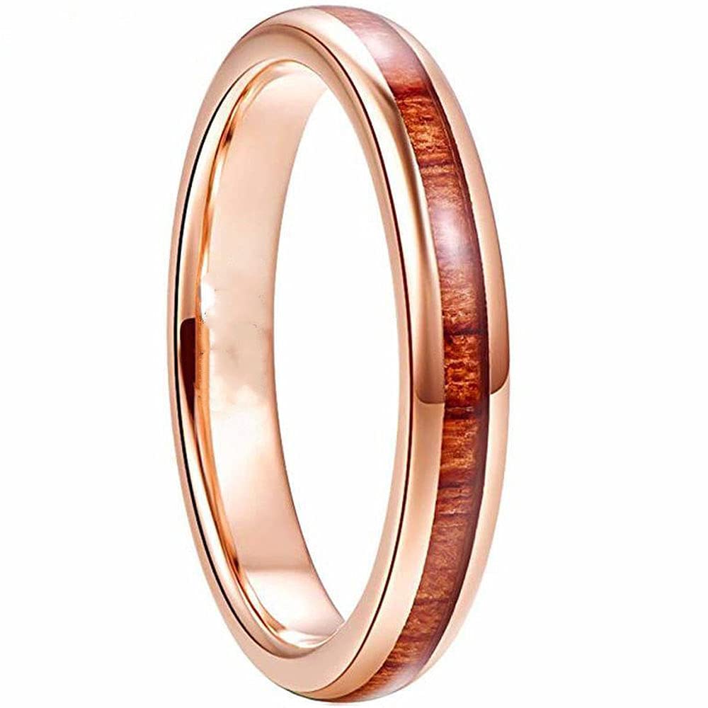 AONEW4mm Rose Gold Stainless Steel Ring for Men Women Engagement Wedding Bands Wood Inlay Dome Polished Beveled Edges Comfort Fit Size 6-13