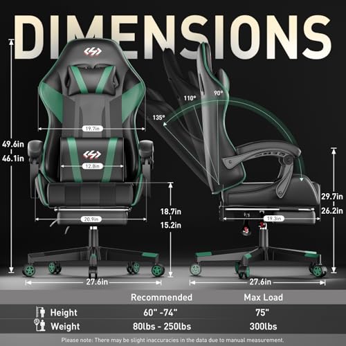HLDIRECT Gaming Chair with Pocket Spring Cushion, Video Game Chair, Gaming Computer Chair, Ergonomic Chairs with Headrest and Lumbar Support for Adults, Swivel PU Leather Office Chair, Black & Green - Image 4