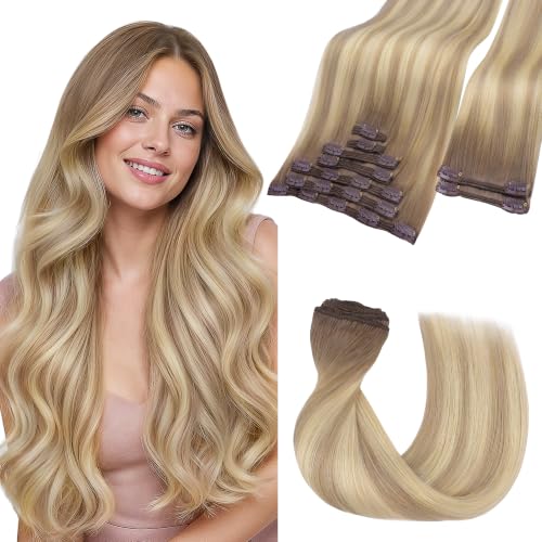 Image of GOO GOO Clip in Hair Extensions Real Human Hair, Clip Ins for Women Instant Volume Natural Blend Beginner Friendly Daily Wear, 24inch 150g 9Pcs, #R5E /9A /60H Espresso Root Ash Blonde Balayage