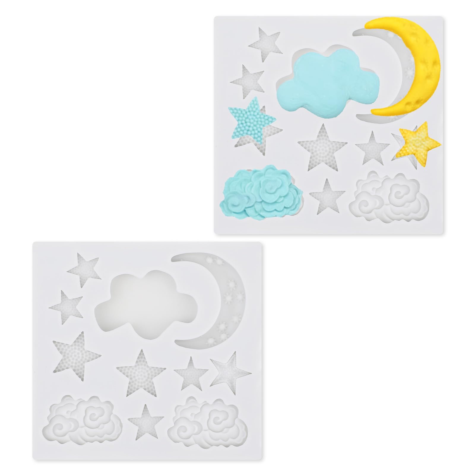 2 moldes de silicona, moldes de arcilla polimérica con forma de estrella y luna para caramelo, chocolate, fondant, decoración de pasteles, bricolaje, hornear, cupcakes, galletas, jabón y velas