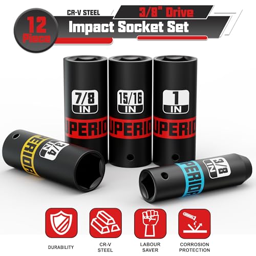 Image of 12 Piece 3 /8 inch Drive Impact Socket Set, 5 /16 inch- 1 inch Deep Socket, SAE, 6 Point, CR-V, Automotive Motorcycle and Bicycle Maintenance, Machinery Manufacturing