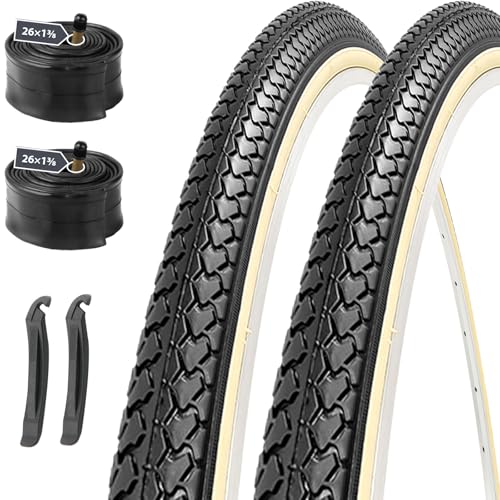 MOHEGIA 2本セット 26×1 3/8 自転車 タイヤ: 26インチ 37-590 軽快車 耐摩耗 街乗り通勤 アーバンバイク、ママチャリ対応 - 折りたたみ式 交換用+32mm米式チューブ+タイヤレバー - スキンサイド