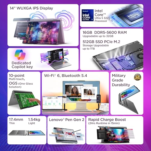 Image of Lenovo IdeaPad 5 2-in-1 Convertible Laptop Intel Core Ultra 5 322 16GB RAM 512GB SSD 14 inch (35.5cm) WUXGA IPS Copilot+PC Windows 11 MS365 Basic+Office 2024 Lenovo Pen 2 1Yr ADP Grey 1.54Kg 83UG000HIN