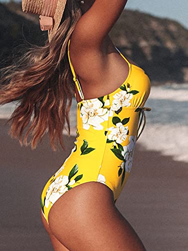 CUPSHE Women's One Piece Swimsuit Yellow Floral Print Lace Up Bathing Suit, L - Image 3
