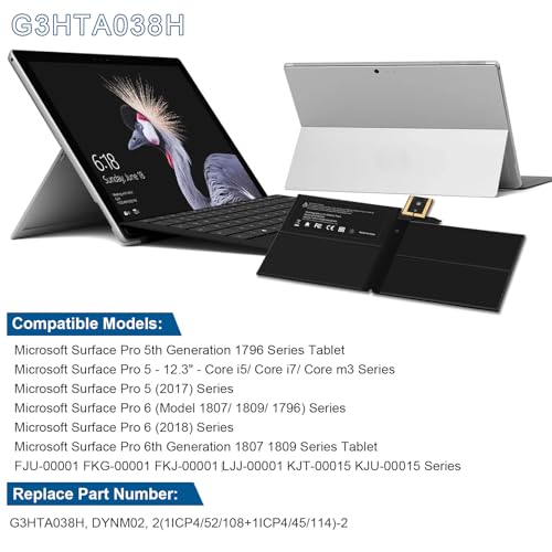 Image of G3HTA038H DYNM02 Battery for Microsoft Surface Pro 5th (Model 1796, 2017),Surface Pro 6(Model 1807 /1809 /1796, 2018) 12.3 inch 2-in-1, Core i5 i7 m3 Series with Tools For surface pro 5 battery 7.57V 45Wh