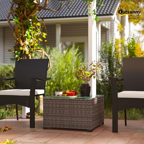 Outsunny Outdoor Coffee Table, PE Rattan Side Table with Tempered Glass Top, Wicker Square Garden Coffee Table End Table with Steel Frame for Patio, Balcony, 60 x 62 x 38cm, Dark Grey - Image 2