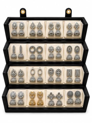 Image of Mirakii Jewels Oxidized Silver Jhumka Earrings Set for Women & Girls (16 Pairs) | Traditional Jhumki Combo | Multi Design Jhumka Collection with Premium Gift Box
