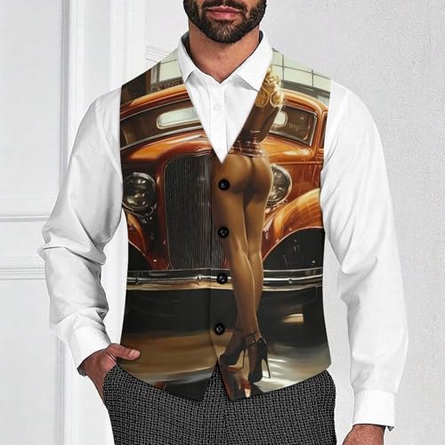 Pinup Women Sexy Hot Rod Car Garage Man Cave Suit Vest for Men Slim Fit Tuxedo Waistcoat Button Down V Neck Business Dress Coat4
