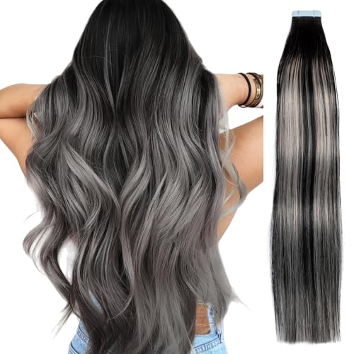 REDMENCO Extension Capelli Veri Biadesivo Balayage Ombré dal Nero al Grigio Argento Capelli Umani Veri Remy Lisci 45cm 10 pezzi 20g