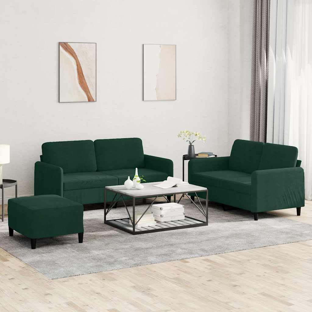 Juego de sofá de terciopelo verde oscuro, 2 sofás de 2 plazas con reposapiés, sofá tapizado para salón, diseño moderno, cómodo sofá de terciopelo para el hogar