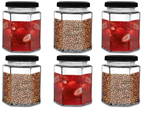 Image of Croco Hexagon Glass Jar & Container With Rust Free Air Tight Lid, Suitable For Use In Your Home Office, Kitchen Storage /Glass Jar For Kitchen 200 Ml (Pack Of 6) (Black)