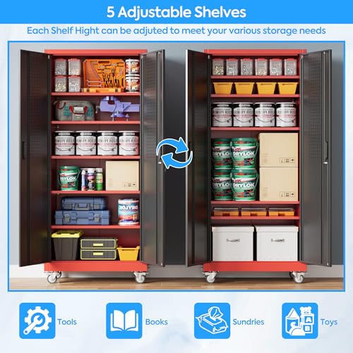 Image of Aobabo Upgrade 71H''*32''W*16''D Metal Garage Storage Cabinet with Wheels and Pegboards, 5 Adjustable Shelves Steel Storage Cabinets for Home,Warehouse,Garage,Assembly Required,Black Red