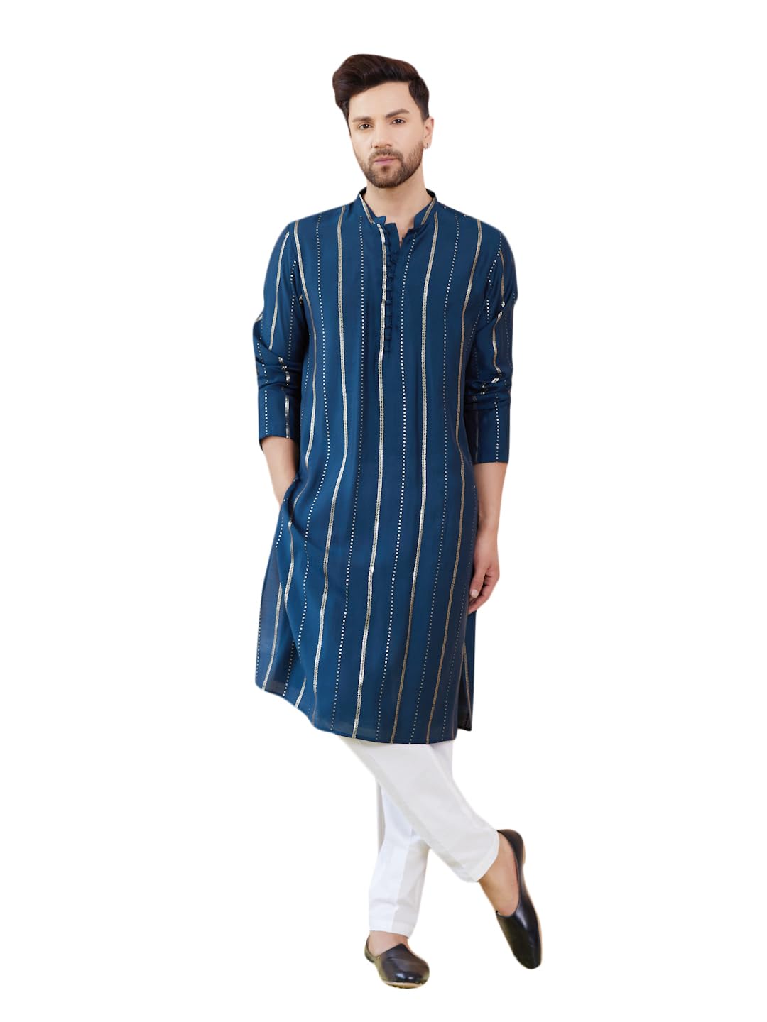 See Designs Men Full Sleeve Side Slit Teal And Gold Chanderi Silk Sequins Mandarin Collar Kurta - Sdkt2429Xl