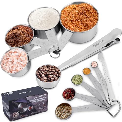 HAUSPROFI Edelstahl Messbecher und Löffel mit Messlineal, Scoop mit Clip, 4 Messbecher & 5 schmalgenaue Messlöffel & 1 Messlineal (Richtmaschine) & 1 scop mit clip, 11er-Set 2