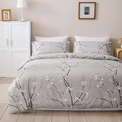 Wotcsil Funda Nordica Floral para Cama 135/150 con Patrón Ramas y Flores Funda Edredon 220x240 cm y 2 x Funda de Almohada de 50x75 cm Juego de Ropa de Cama Fundas Nórdicas de Árbol, Gris