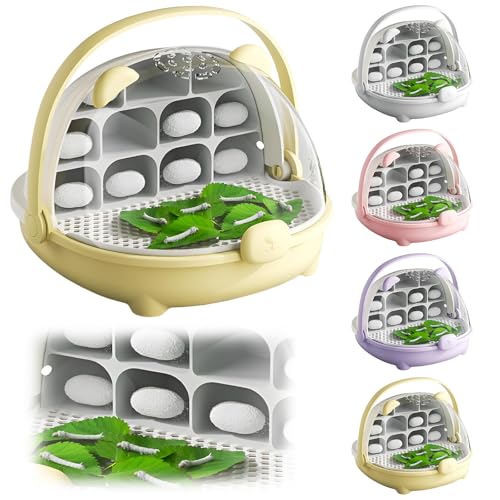 蚕観察ボックス 透明窓 蚕 飼育ボックス 飼育箱 昆虫観察ボックス 昆虫ケース 多機能 爬虫類 給餌箱 給餌ボックス 蚕飼育セット 小動物飼育容器 生態学習 教育用 (イエロー)