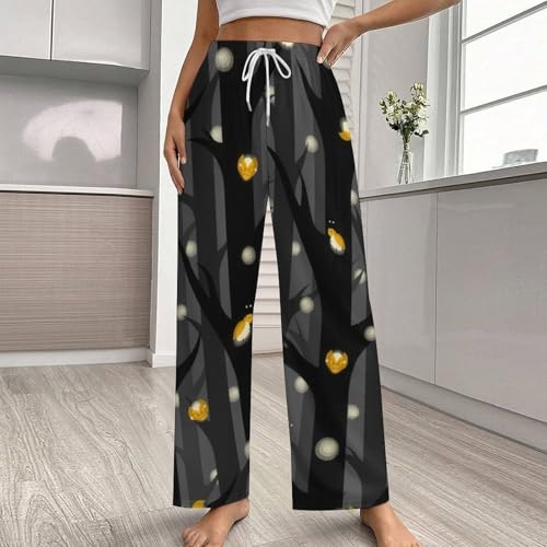 Unisex Pajama Pants, Forest Fire Fly Pattern Cute Drawstring Waist Loose Fit PJ Sleepwear with Pockets for Coulpe2