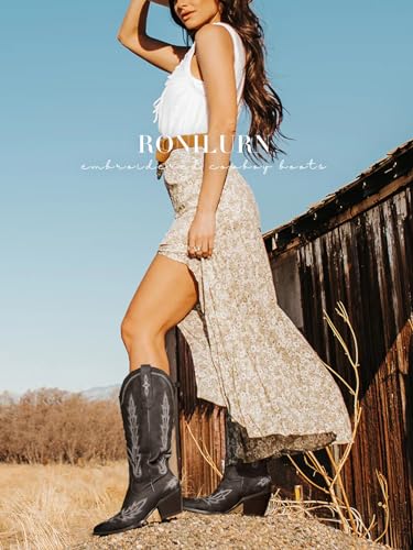 Cowboy Boots for Women Cowgirl Boots Mid Calf Western Country Pointed Toe Embroidery Chunky Heel Pull On Red4