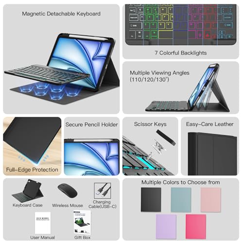 Image of RAYMCRAFT for iPad Air 11-inch Case with Keyboard M4 /M3 /M2 (2026 /2025 /2024), Mouse and Detachable Wireless Keyboard Combo for iPad Air 5th /4th 10.9-inch, 7-Color Backlight with Pencil Holder, Black
