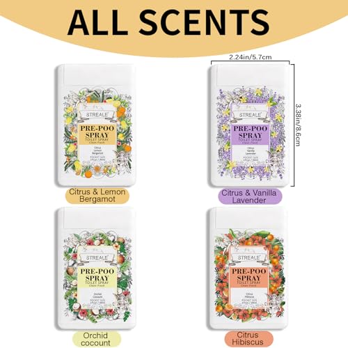 Image of Travel Size Toilet Spray 4-Pack, Travel Essentials Toiletries, Pocket Size Pre-Poo Spray, Bathroom Odor Deodorizer, Up to 240 Uses, 4 Refreshing Scents
