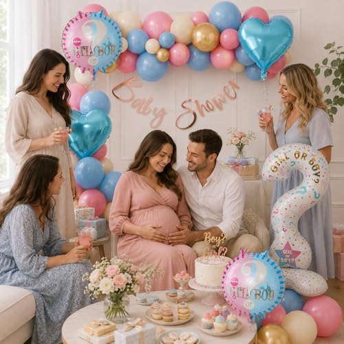 Image of Rozi Decoration Baby Shower Decoration Kit with Balloon, Question Mark Foil Balloon, Heart Foil Balloons, Round Printed and Rose Gold Baby Shower Banner - Pack of 41 Pcs
