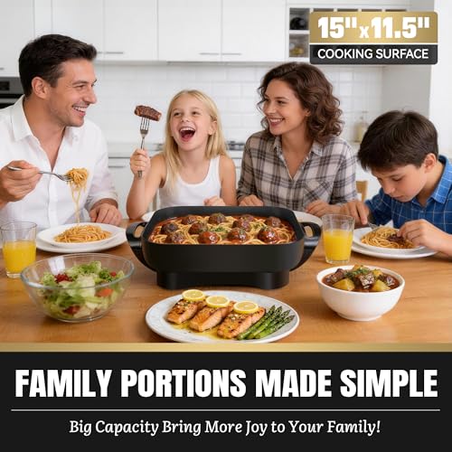FineMade Family Size Electric Skillet with Lid, XL Electric Skillet, Deep Skillet, Temperature Control, Square 15 x 11.5 Inch Ceramic Nonstick Interior, Graphite - Image 5