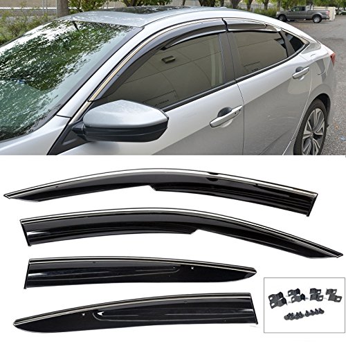 VXMOTOR for 2016-Up Honda Civic Sedan Side Window Visors w/Chrome Trim Injection Clip On