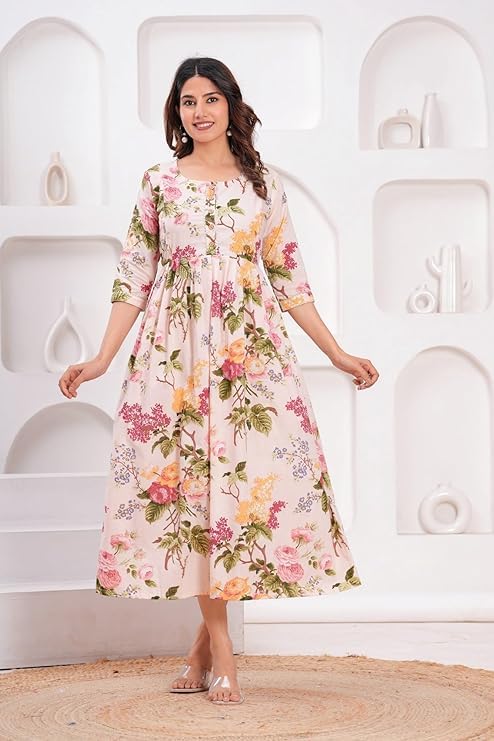 Image of Women's Pure Cotton Floral Printed Maternity Feeding Kurti with Zipper Feeding Dress for Women Feeding Gown
