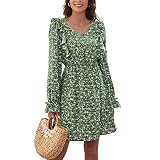 BDCUYAHSKL Automne Et Hiver DéContracté Mode Femmes Col en V Couture Florale Imprimé à Manches Longues Taille Robe Ample Couverture Courte Robe TrapèZe Femmes