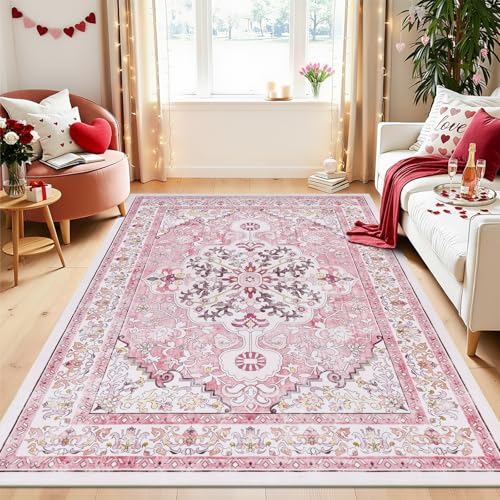 U'Artlines Pink Area Rug 5x7 Boho Washable Soft Carpet for