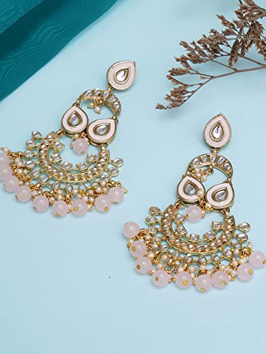 Image of Karatcart Gold Plated Pink Meena Lotus Design Kundan Dangler Earrings for Women (color may slightly vary due to photographic effect)