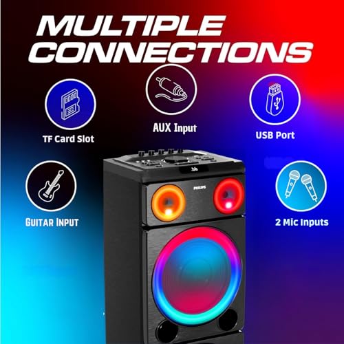 Image of PHILIPS Bluetooth Party Speaker, 260W Powerful Sound with Dynamic Bass Boost, 10 RGB Light Modes, Karaoke Mic & Guitar Inputs, FM Radio, USB /TF /AUX Playback, Portable Handle