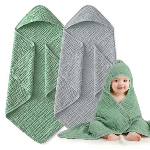 Image of Hooded Baby Bath Towels for Newborn, 2 Pack - 6-Layer 100% Muslin Cotton, Soft Absorbent Baby Towels with Hood for Babies, Infants & Toddlers, Large 32x32 Inch Unisex Newborn Baby Bath Essentials