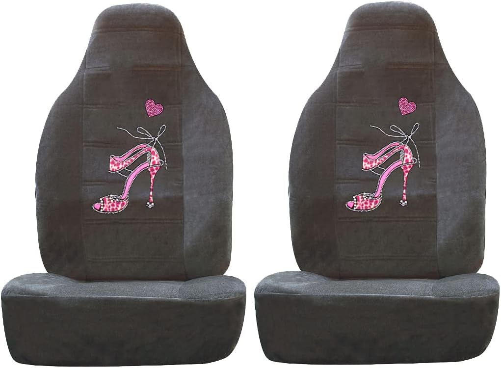 ALLBrand Universal Fit Car SUV Truck Crystal Bling Rhinestone Studded Grey High Back Front Bucket Seat Covers - Pack of 2 (Pink Butterfly/Grey)