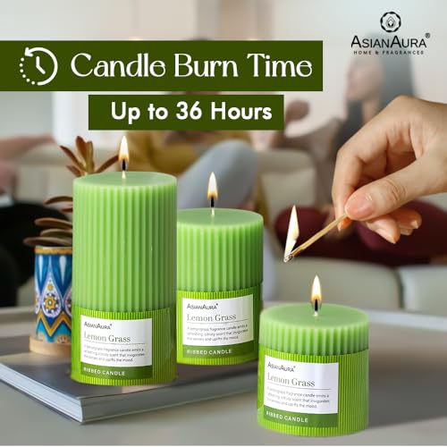 Image of ASIAN AURA Ribbed Pillar Candles - Pack of 3 | Scented Candles for Home Decor, Gifting & Festive Use | Long Burn time up to 36hrs | Clean-Burning Wax & Smokeless Flame (Lemon Grass)