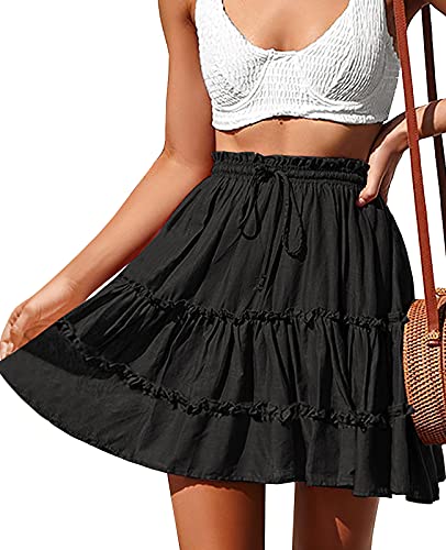 NASHALYLY Women's Summer Boho Floral Print Mini Skirt High Waist Drawstring Tiered Skirts(Black,M)