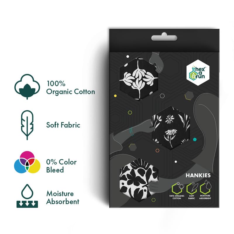 Image of Hexafun 100% Organic Soft Cotton Women Handkerchiefs | Multicolor & Trendy Printed Hanky Designs | Soft & Breathable Fabric | Best For Styling & Everyday Use | Pack Of 6 | Black Beatuy
