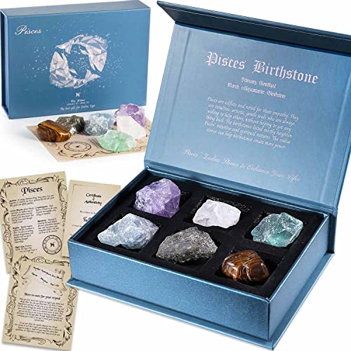 Faivykyd Pisces Birthday Crystals Set, Natural Healing Crystals with Horoscope Box, Zodiac Birthstone Crystal Set for Healing, Spiritual Gift for Women Men Friends, Birthday Gifts Idea