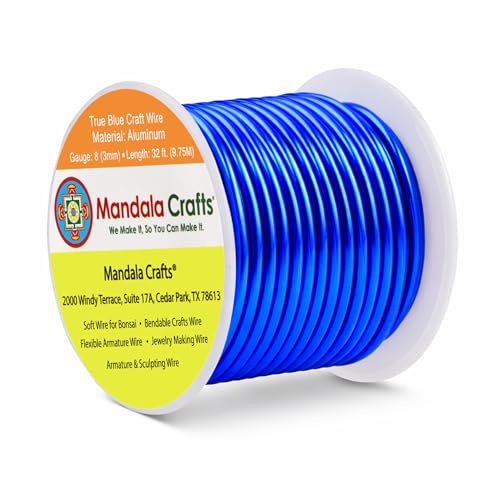 Image of Mandala Crafts 8 Gauge Anodized Aluminum Craft Wire for Jewelry Making - 32 FT Colored Flexible True Blue Wire - Bendable for Bonsai Armature Crafting Sculpting